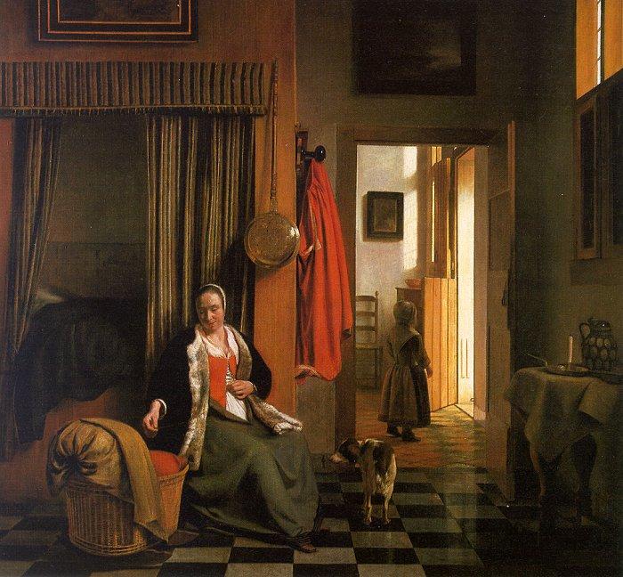 Pieter de Hooch Mother Lacing her Bodice Beside a Cradle